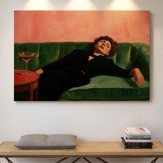 Vintage Woman Resting On Green Sofa Poster Retro Oil Painting Moody Glamour Decor