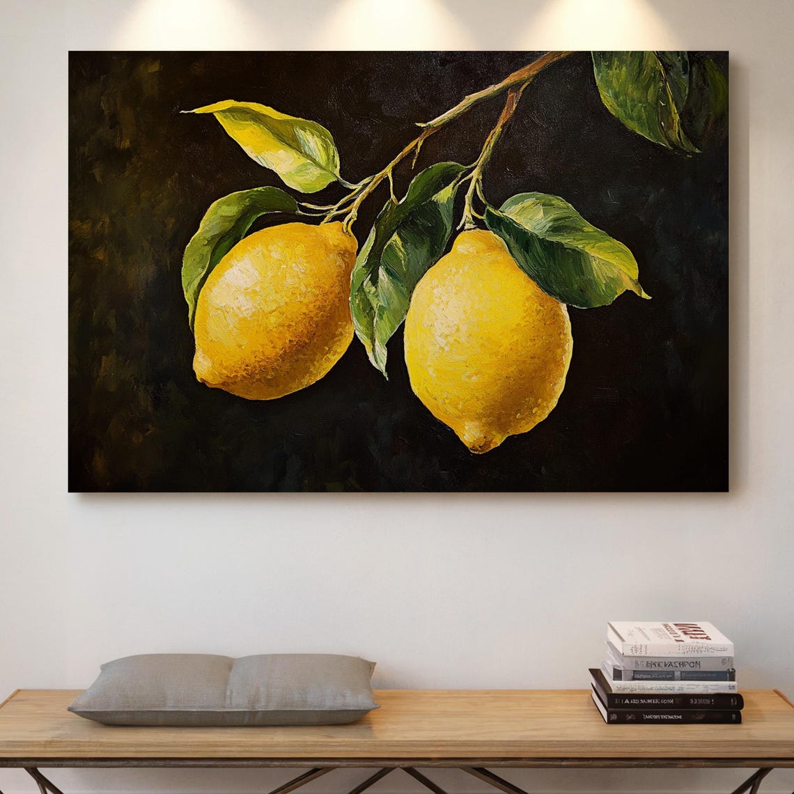 Two Yellow Lemons on Branch Against Dark Background Oil Poster