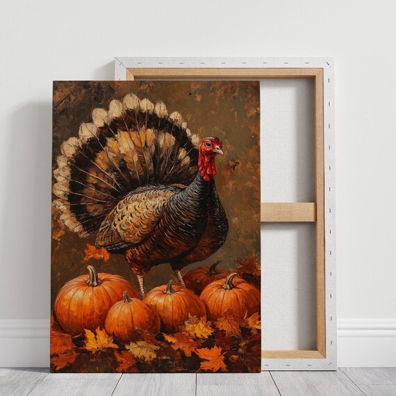 Wild Turkey With Orange Pumpkins Fall Harvest Painting Poster