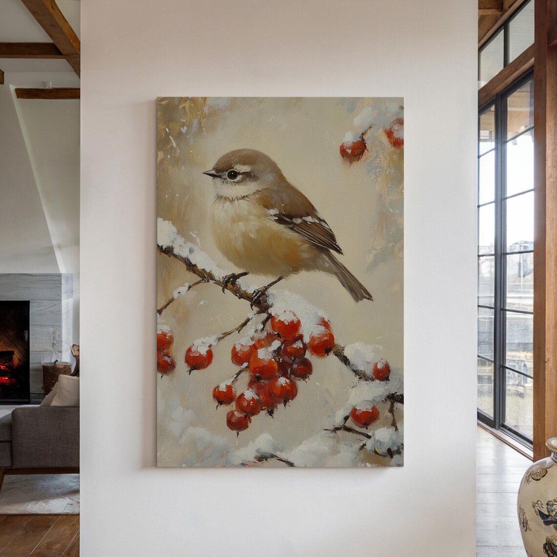 Winter Bird on a Snowy Branch with Red Berries Vintage Nature Poster