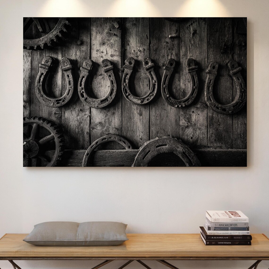 Vintage Horseshoes on Weathered Barn Wood Black White Photo Art Print