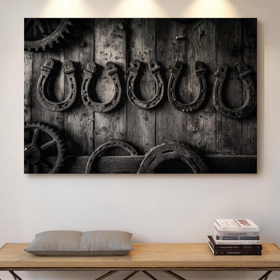 Rustic Horseshoe Canvas Wall Art Black And White Western Barn Decor Vintage Farmhouse Lucky Horseshoes Print For Country Home Style