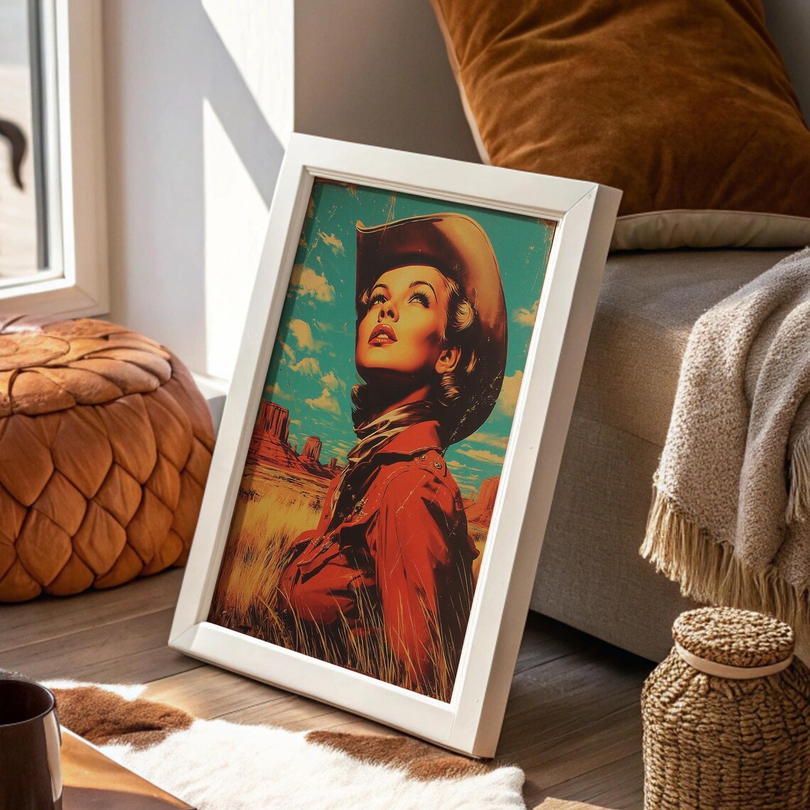 Vintage Cowgirl Portrait, Desert Landscape Art Print