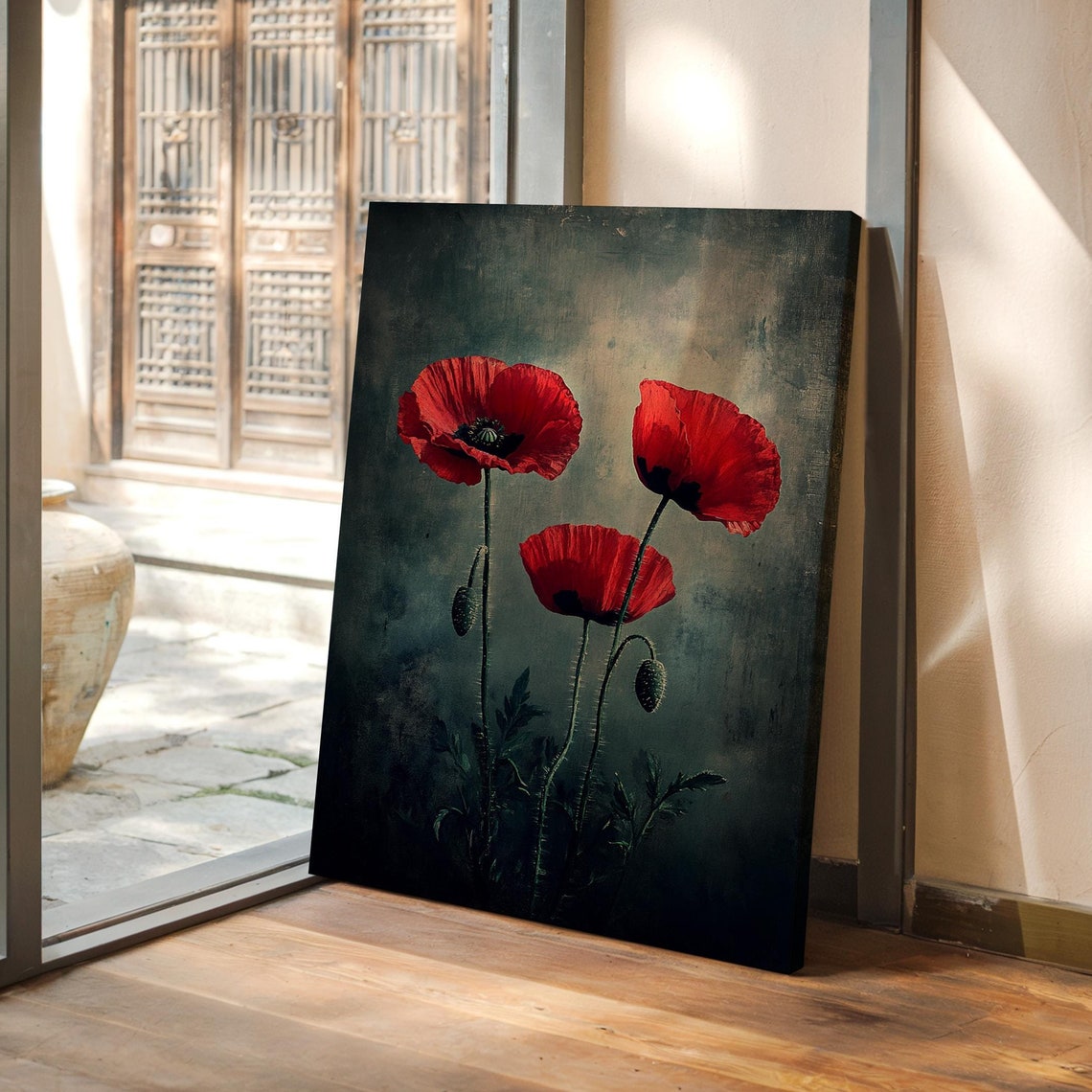 Three Red Poppies on a Dark Background Vintage Botanical Floral Poster