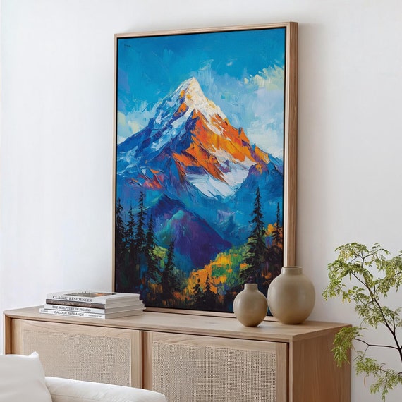 Bold Abstract Mountain Wall Art Vibrant Snowy Peak Landscape Nature Inspired Home Or Office Decor Modern Artwork