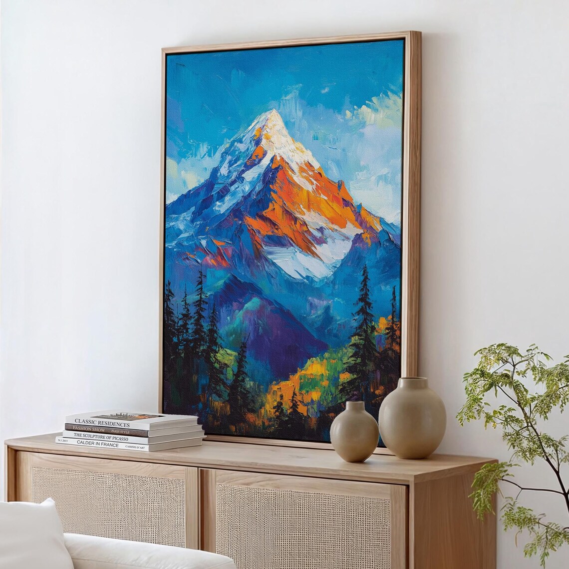 Bold Snowy Mountain Peak In Vivid Orange And Blue Abstract Art Poster