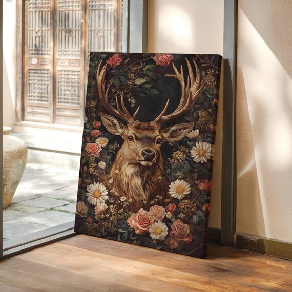 Majestic Stag With Antlers Among Roses Dark Floral Wildlife Poster