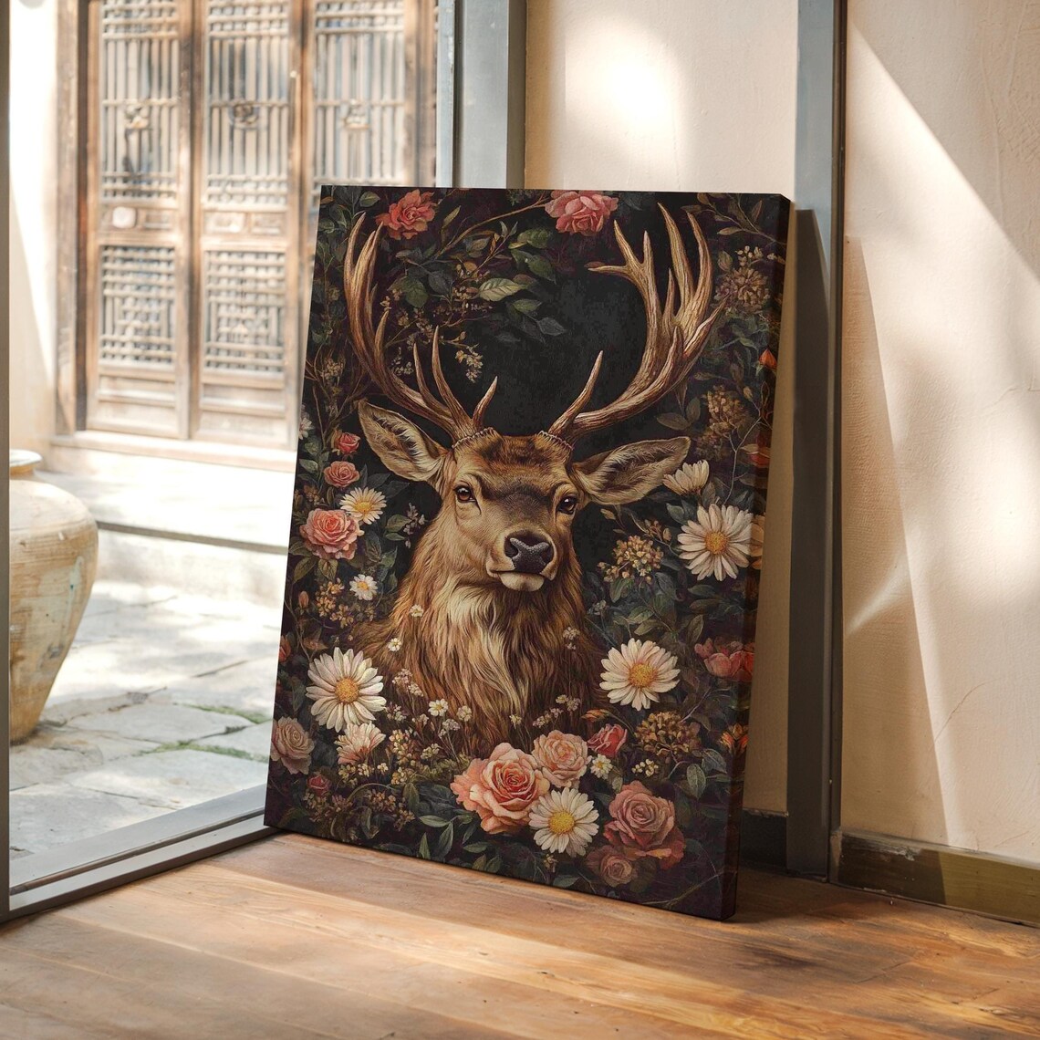 Majestic Stag With Antlers Among Roses Dark Floral Wildlife Poster