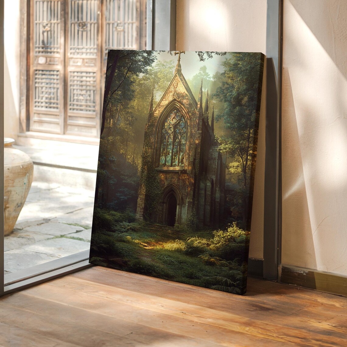 Abandoned Gothic Church, Sunlit Forest Art Print