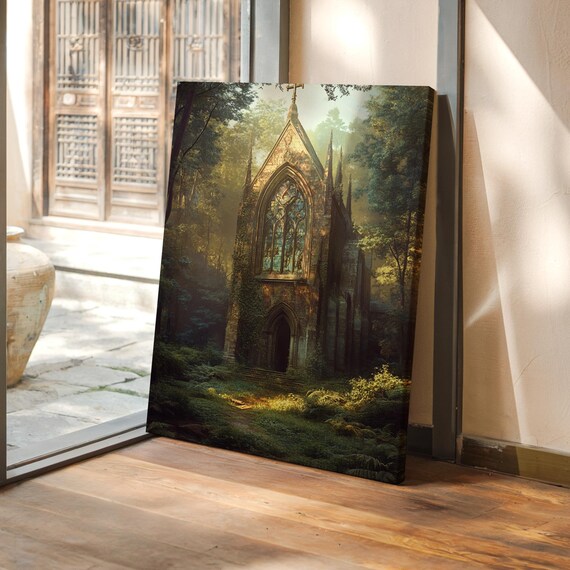 Abandoned Gothic Church, Sunlit Forest Art Print