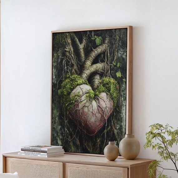 Enchanted Heart Tree Art Mossy Root Heart Painting Nature Gothic Wall Decor Fantasy Organic Forest Artwork Tree Of Life