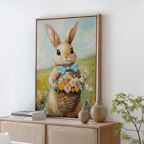 Cute Bunny in Blue Bow Tie Holding Basket of Wildflowers Poster
