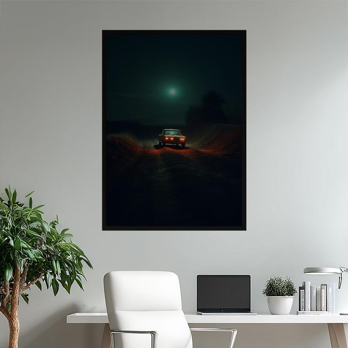 Vintage Car on Night Road Moonlit Journey Retro Automotive Art Poster