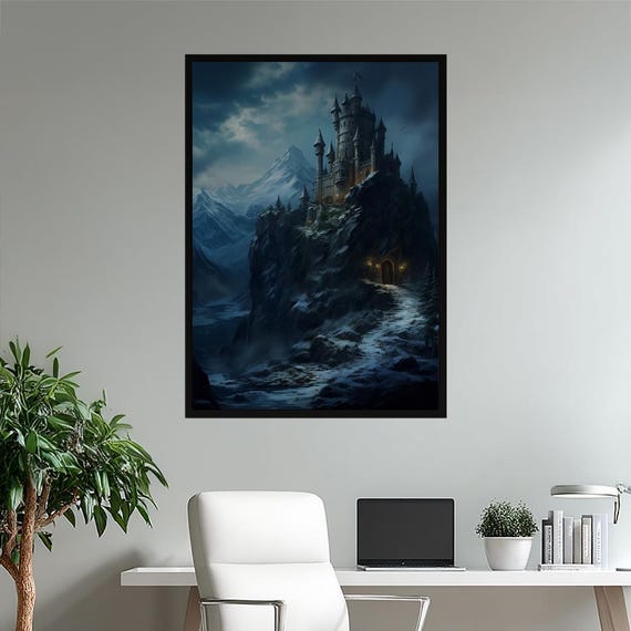 Mystic Fortress Castle Art Print Epic Fantasy Mountain Landscape Poster Snowy Winter Wall Decor For Gamer Room Study