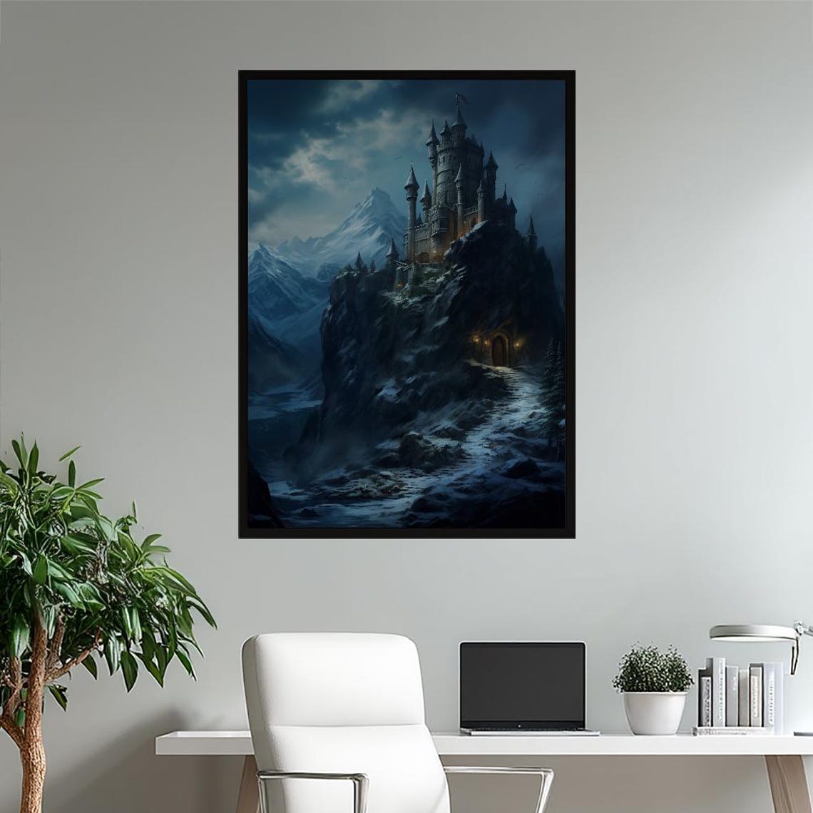 Snowy Castle on Cliff Mystic Winter Night Epic Fantasy Art Poster