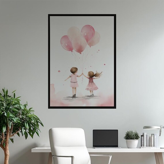 Two Little Girls With Pink Balloons Dreamy Watercolor Nursery Poster