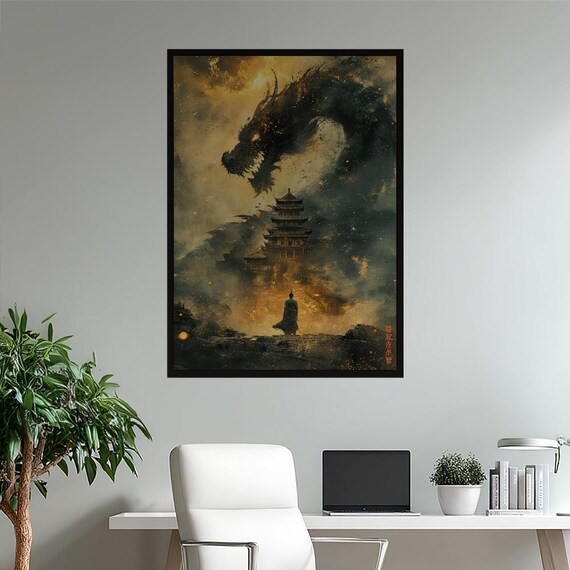 East Asian Dragon Art Print Epic Fantasy Wall Decor With Ancient Pagoda Mystical Golden Glow Spiritual Home For Gamers