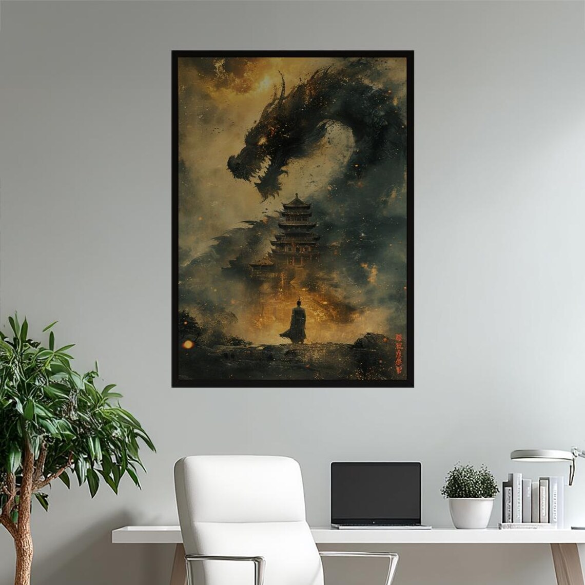 East Asian Dragon Above Pagoda Golden Mist Fantasy Art Poster