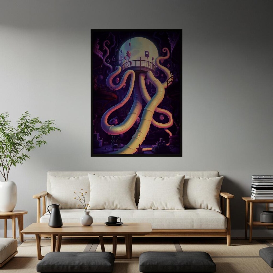 Cosmic Embrace Glowing Tube Moon Tower Surreal Sci-Fi Fantasy Poster
