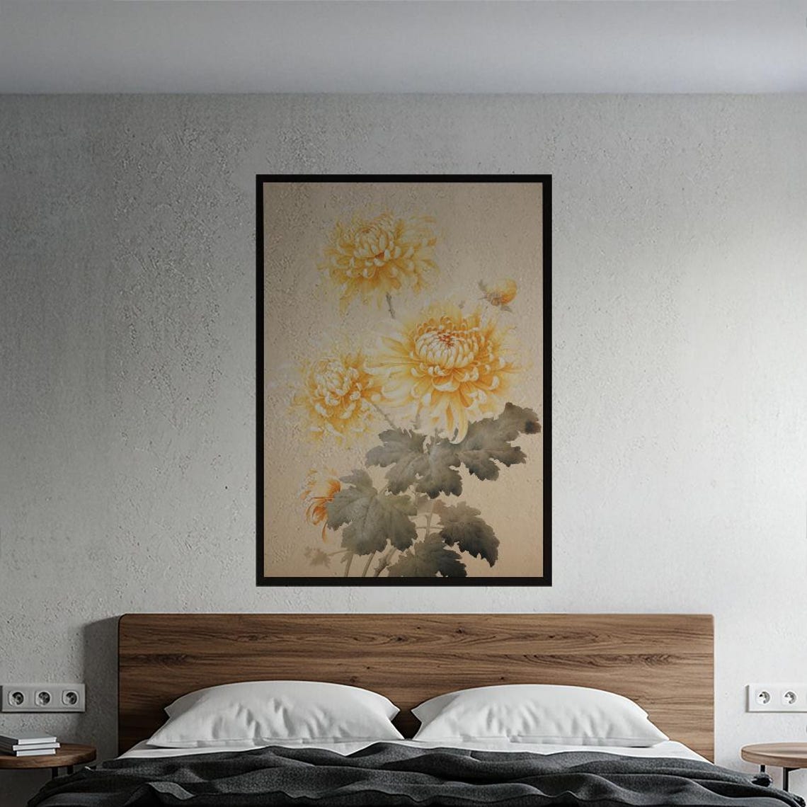 Golden Chrysanthemum Blossoms Elegant Asian Botanical Art Poster