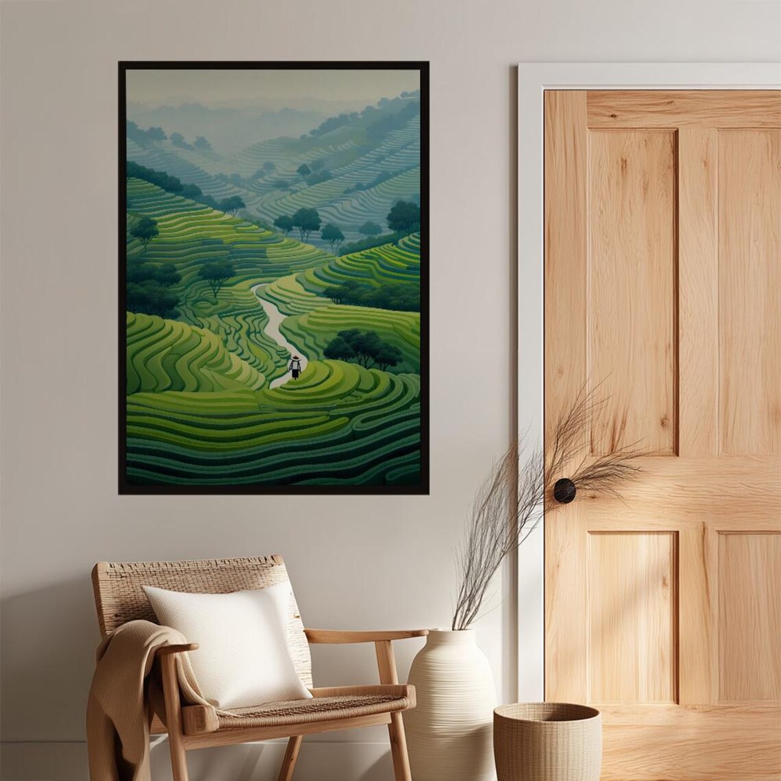 Lush Green Terraced Rice Fields Asian Landscape Minimalist Art Poster