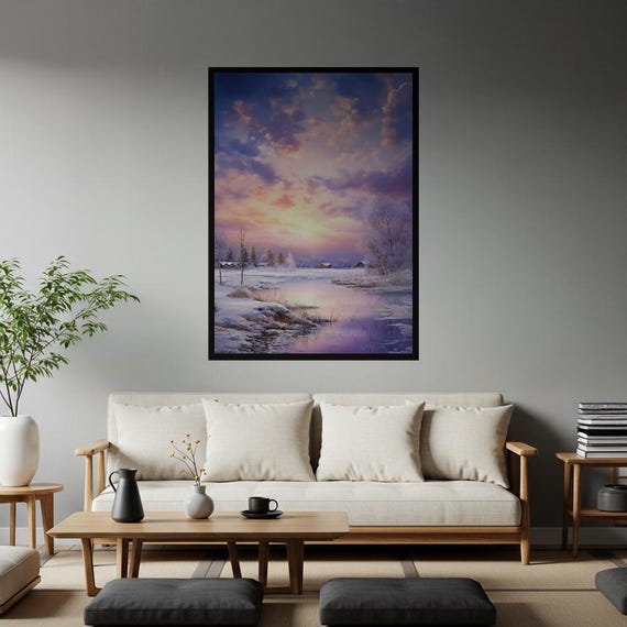 Winter Serenity Landscape Poster Ethereal Pastel Wall Art Print Tranquil Snowy Cabin Lake Scene Home Decor For Her