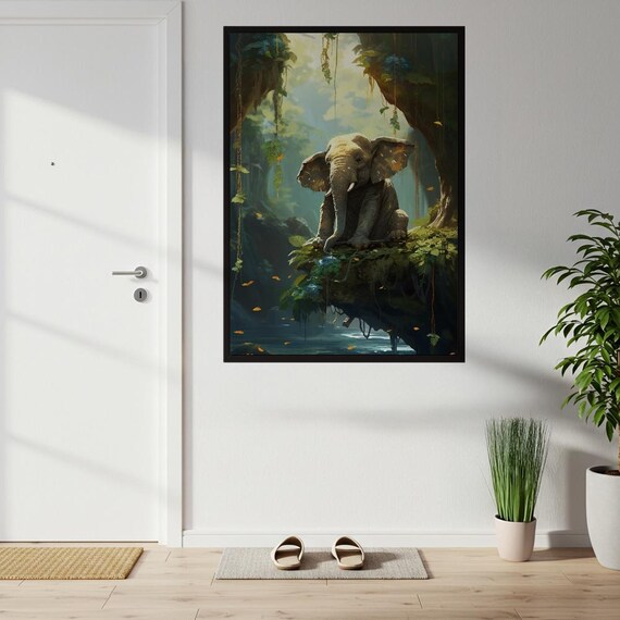 Serene Elephant Jungle Art Print Peaceful Wildlife Poster For Nursery Home Decor Tranquil Nature Painting Animal Lover Gift