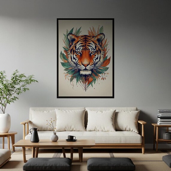 Majestic Tiger Art Print Vibrant Jungle Wall Decor Exotic Animal Poster Botanical Wildlife Bohemian Home