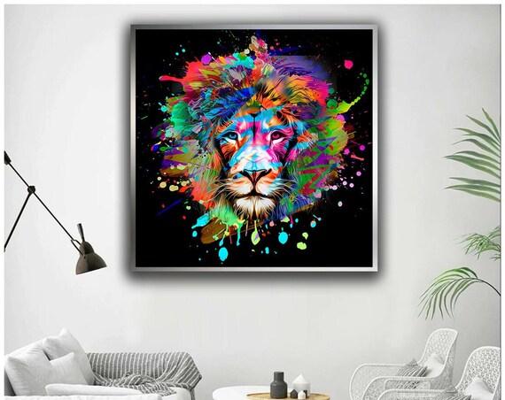 Colorful Lion Head Paint Splatter Bold Neon King Jungle Vibrant Wall Art Poster