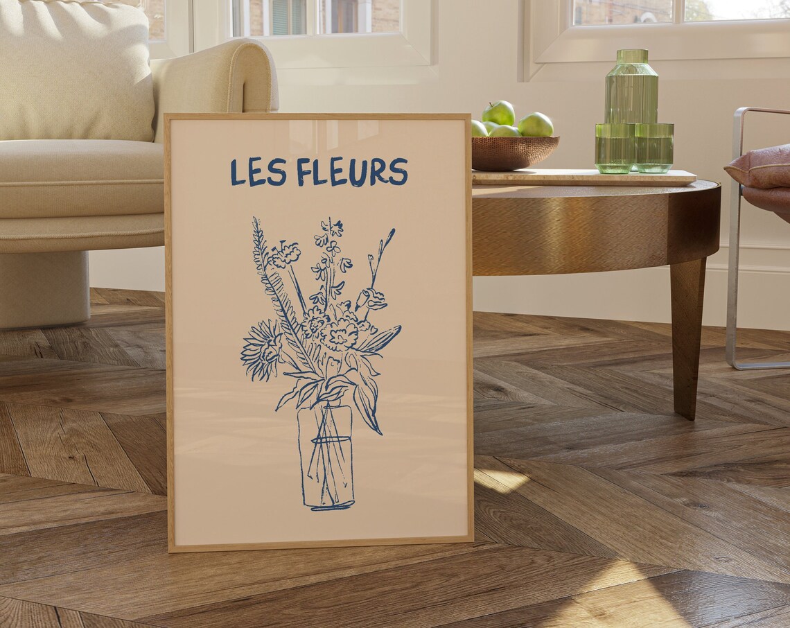 Les Fleurs Blue Line Art Wildflower Bouquet in Glass Vase Poster