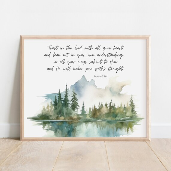 Proverbs 356 Trust In The Lord With All Your Heart Bible Verse Wall Art Christian Watercolor Forest Mountain Wilderness Tree