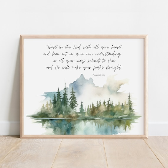 Proverbs Trust in the Lord Watercolor Forest Lake Scripture Poster
