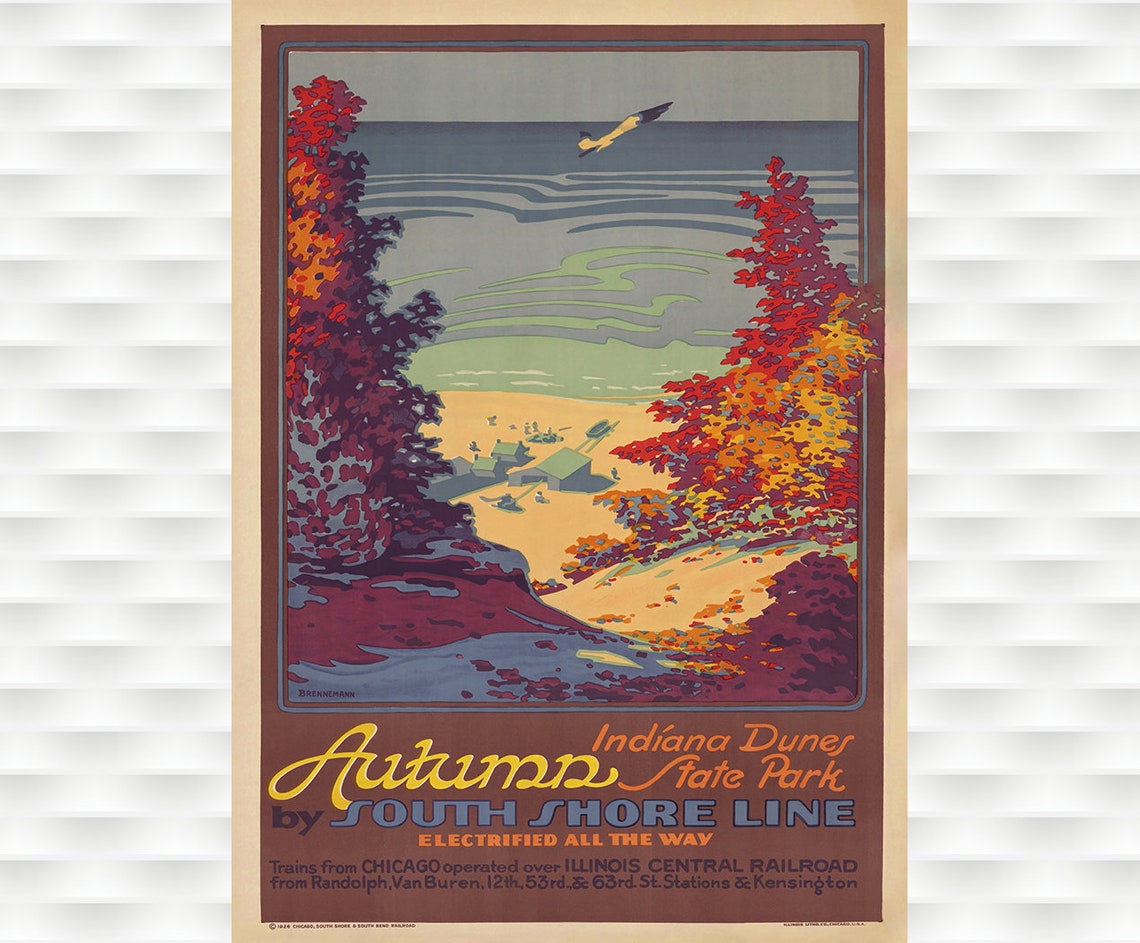 Autumn Indiana Dunes State Park South Shore Line Vintage Travel Poster