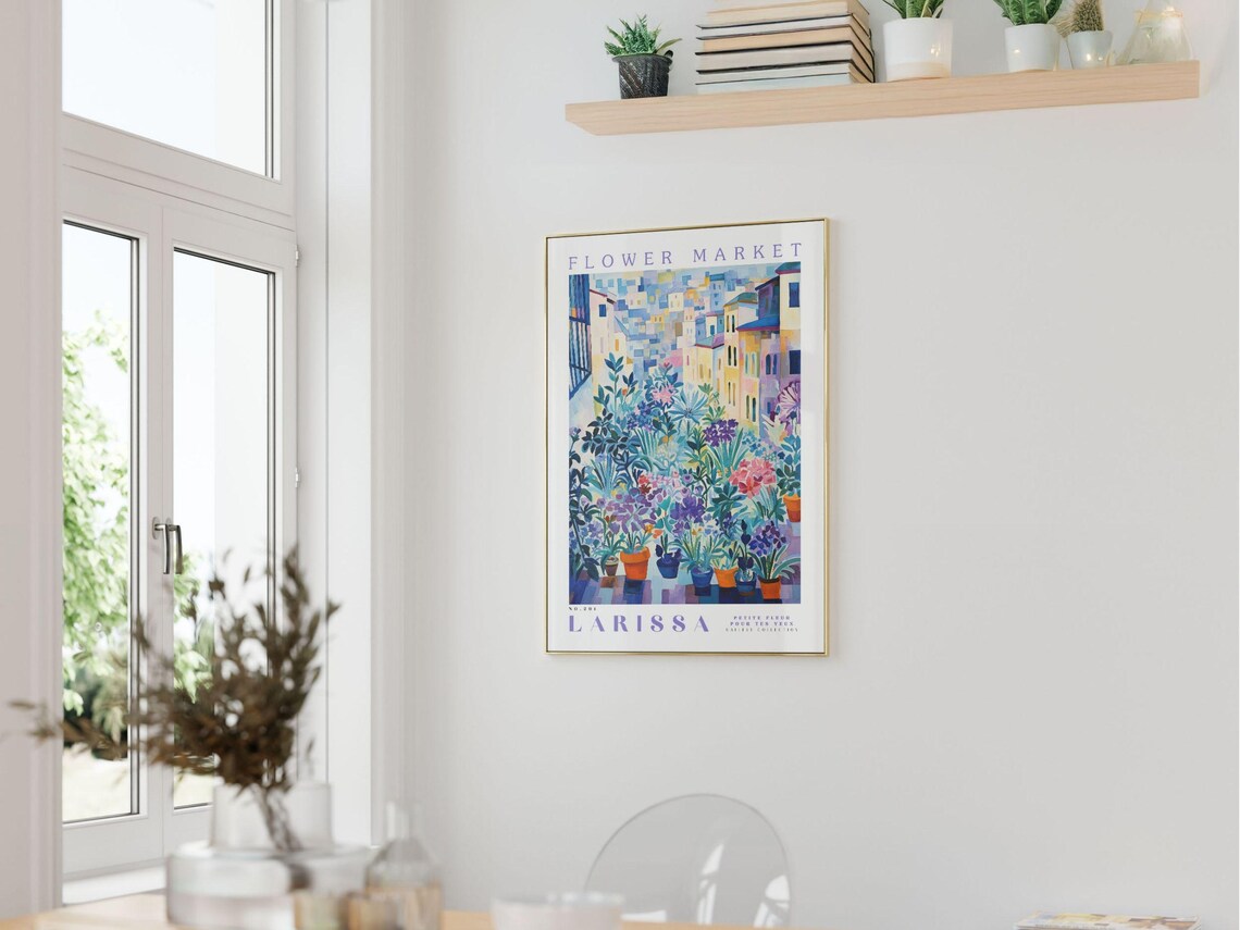 Larissa Greece Flower Market Blue Hues Watercolor Botanical Poster - Image 3