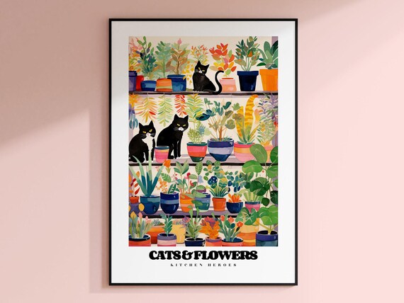 Cats and Flowers Kitchen Heroes Black Cats Plant Shelf Art Wall Poster