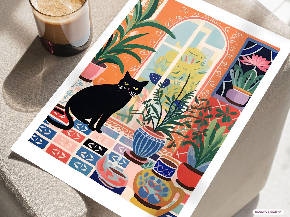 Black Cat on Terracotta Patio With Plants Boho Botanical Art Poster - Image 2