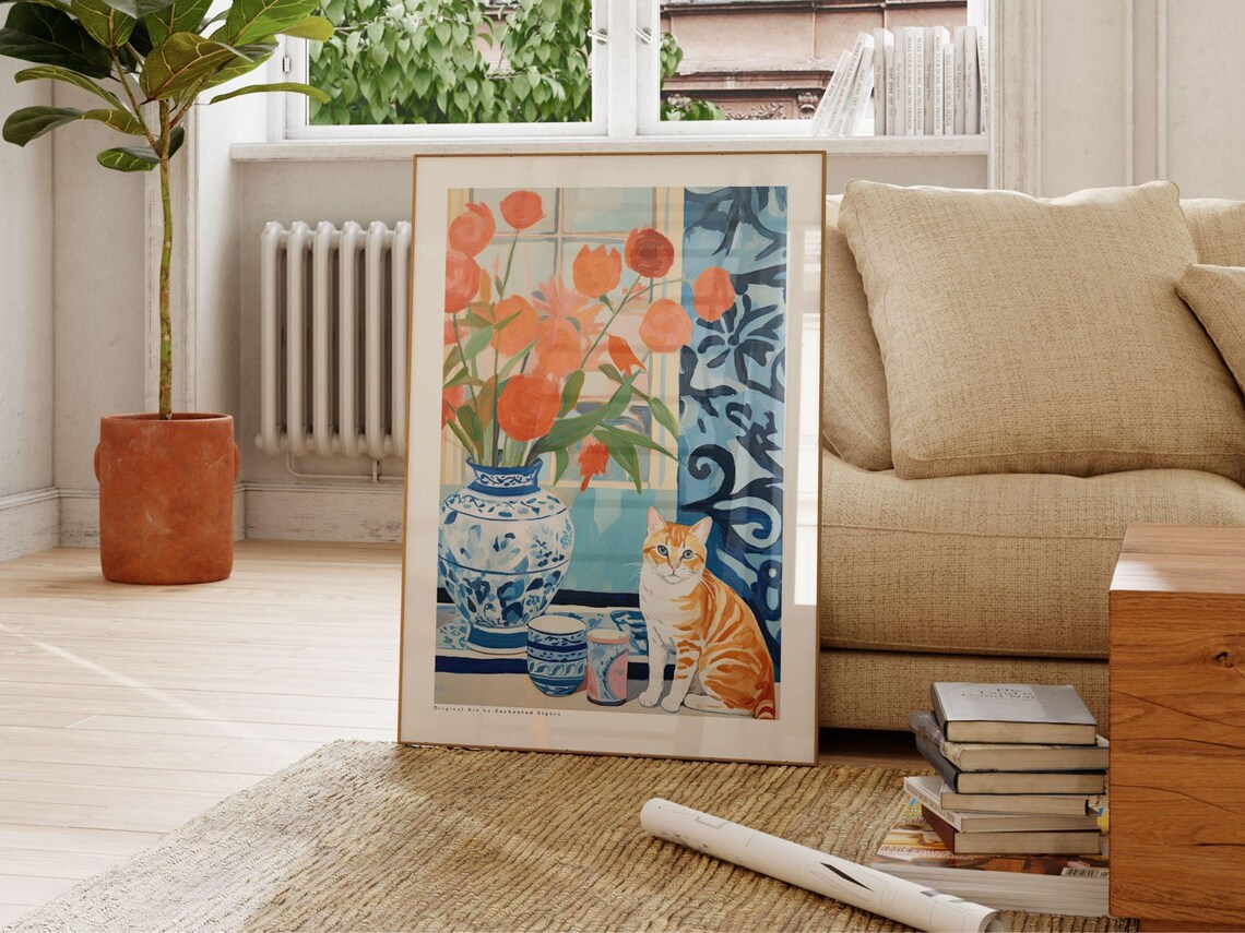 Orange Tabby Cat with Tulips and Blue and White Porcelain Vase Poster - Image 2