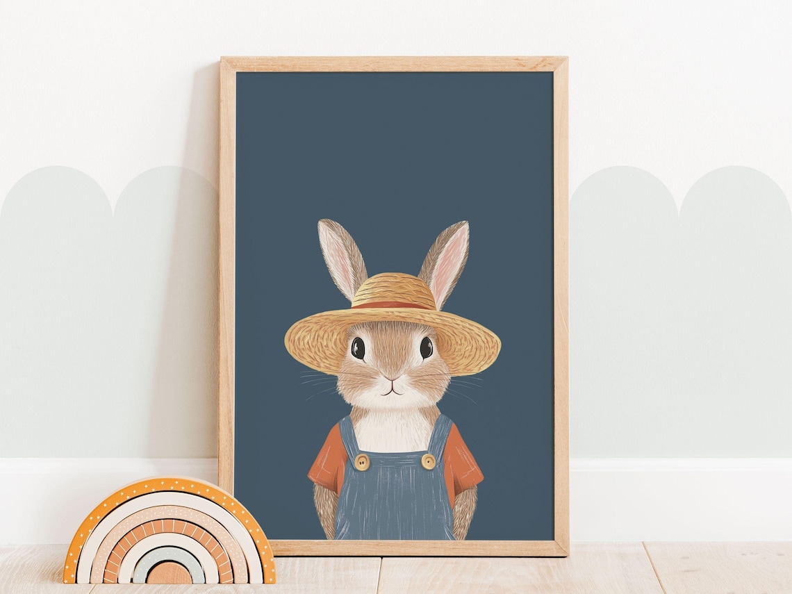 Bunny in Straw Hat and Overalls Nursery Kids Room Decor Poster