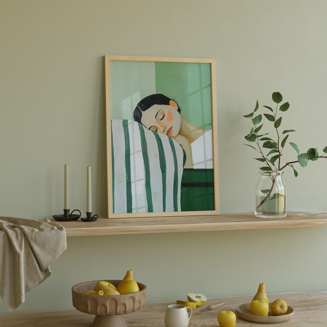 Sleeping Woman in Green Modern Relaxing Portrait Bedroom Art Poster - Image 2