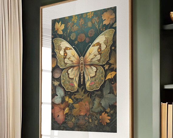 Cream Butterfly On Dark Green Botanical Fall Leaves Art Poster