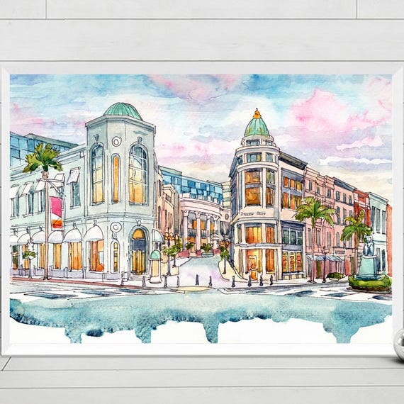 Rodeo Drive Beverly Hills Print Wall Art Watercolor Landscape Painting Travel Poster