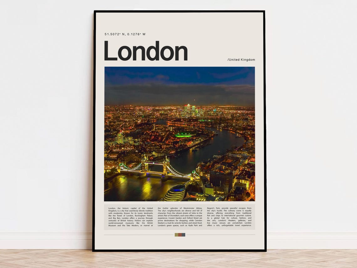 London Night City Lights Tower Bridge Over Thames UK Travel Poster