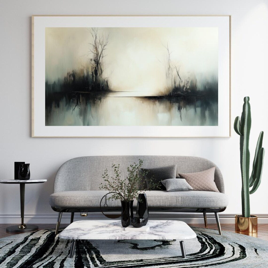 Tranquil Misty River, Soft Minimalist Landscape Art Print - Image 2