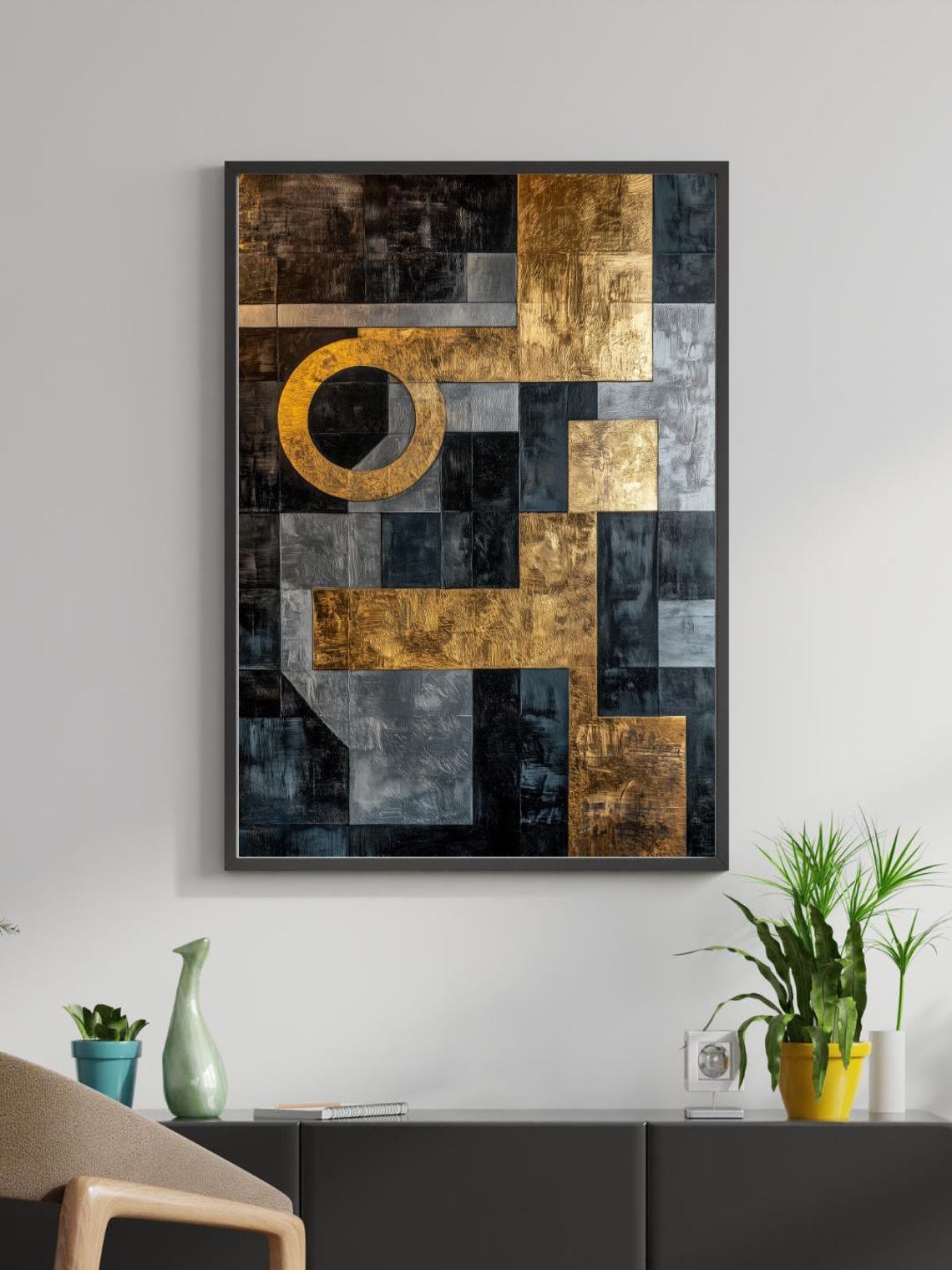 Urban Alloy Industrial Geometric Abstract Print Gold Charcoal Wall Art - Image 4