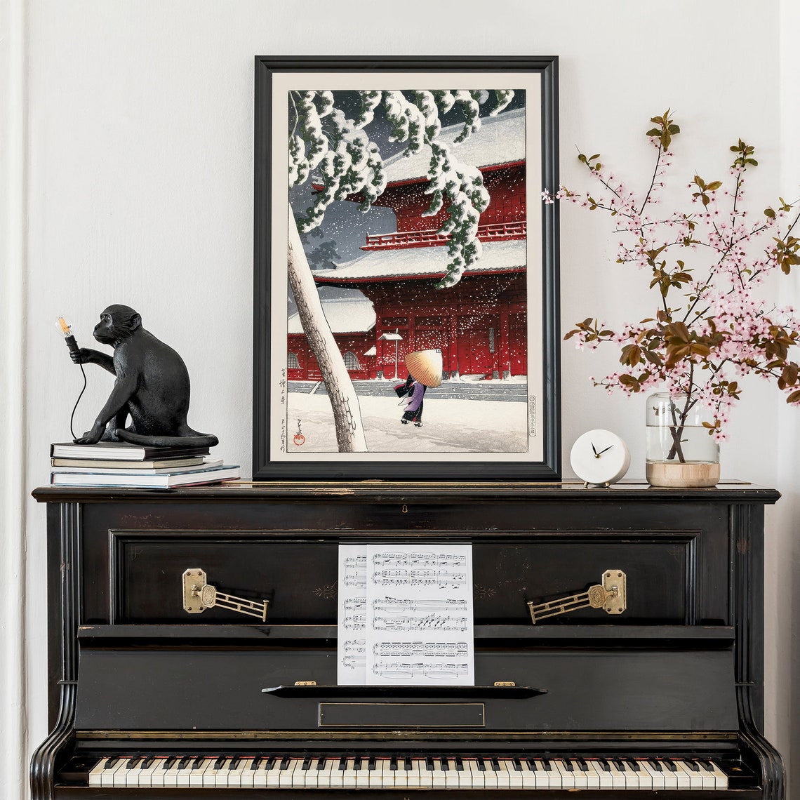Japanese Red Pagoda Snow Winter Woodblock Style Snowfall Poster - Image 2