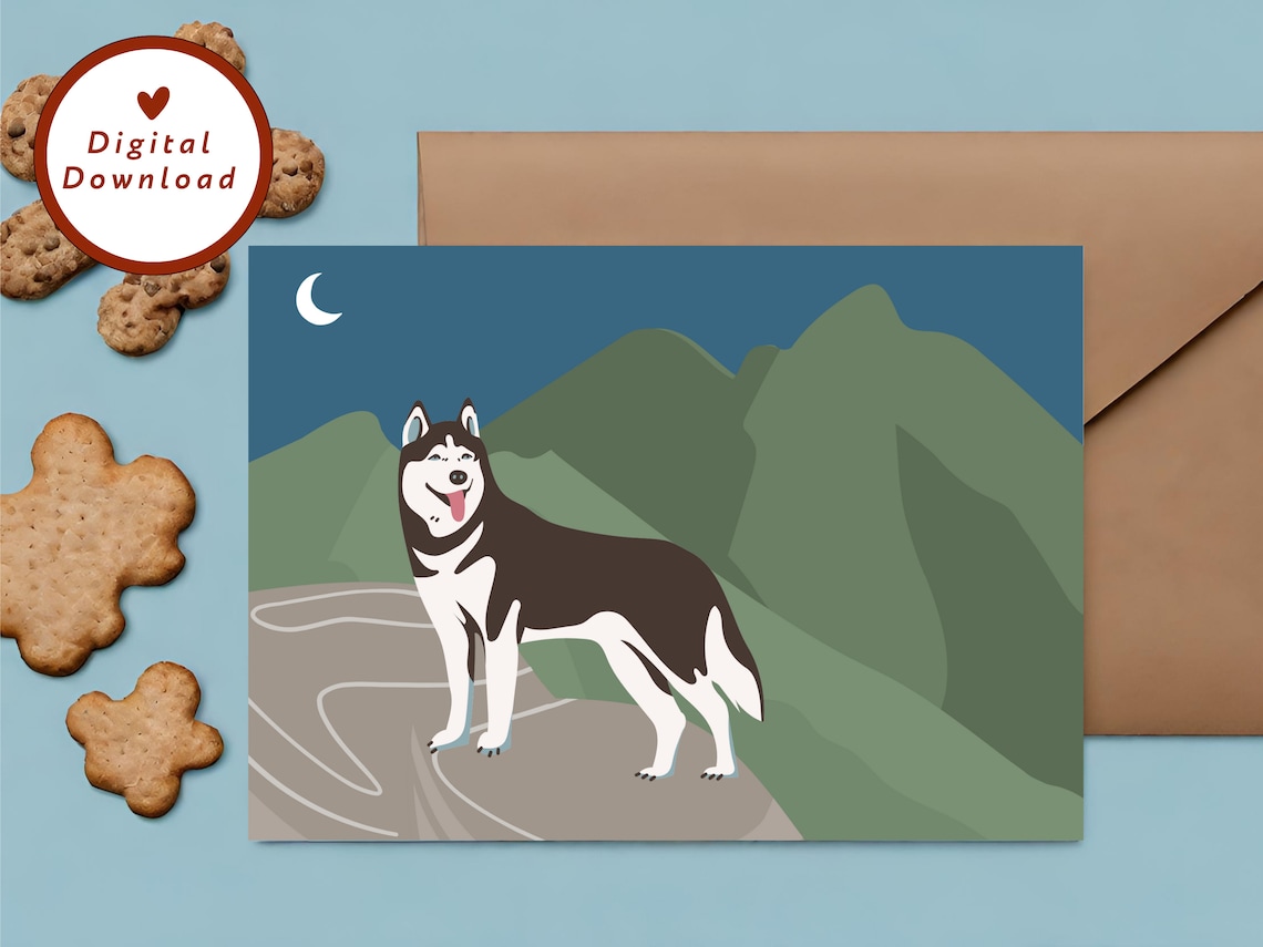 Hiking Husky Dog Card, Mountain Hiking Dog
