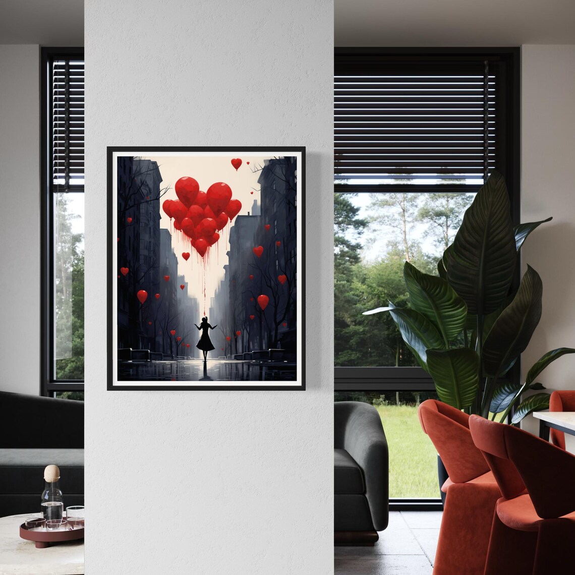 Silhouette Woman Red Heart Balloons Rainy City Street Poster - Image 4