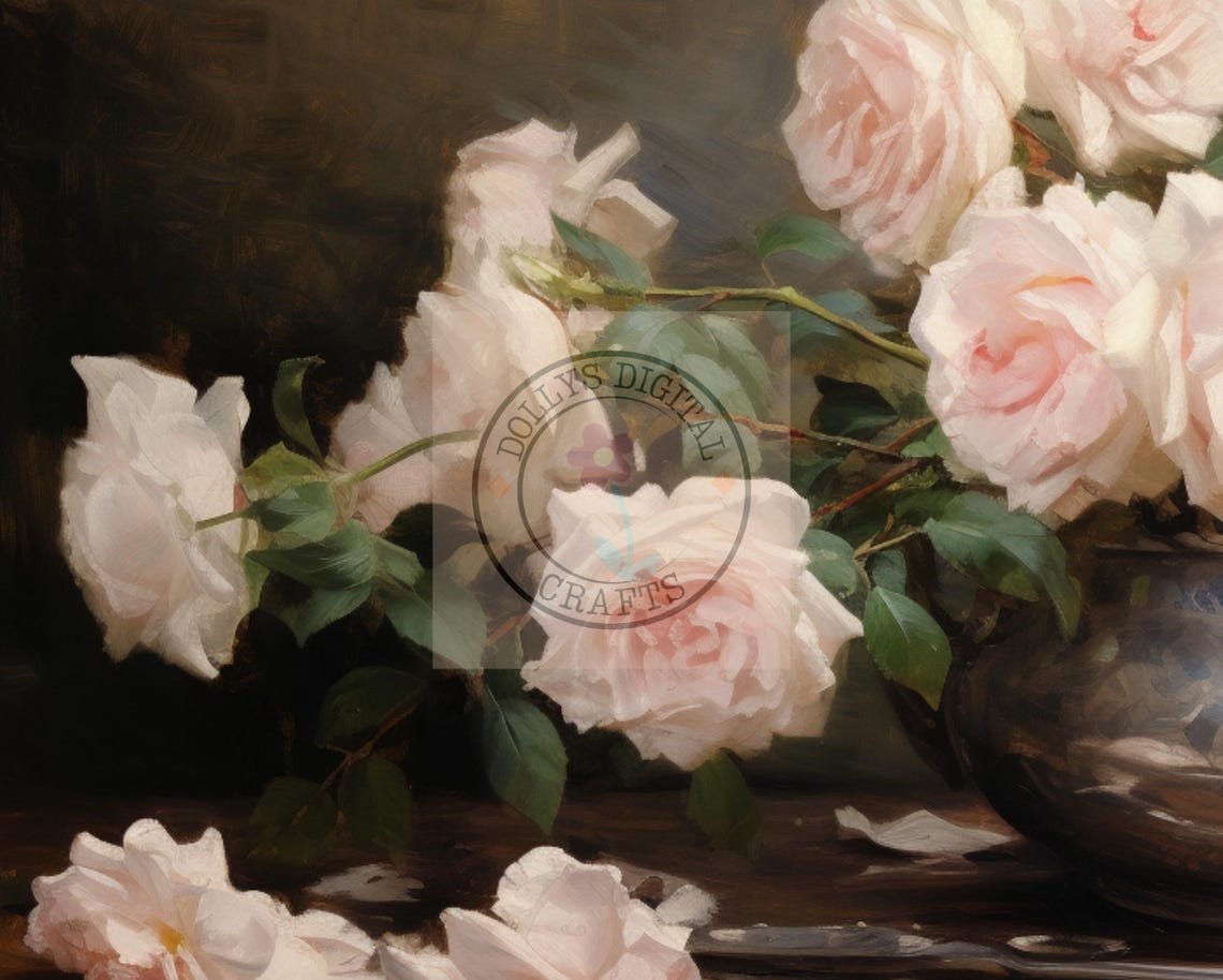 Pink Roses Silver Vase Still Life Oil Painting Floral Poster - Image 5