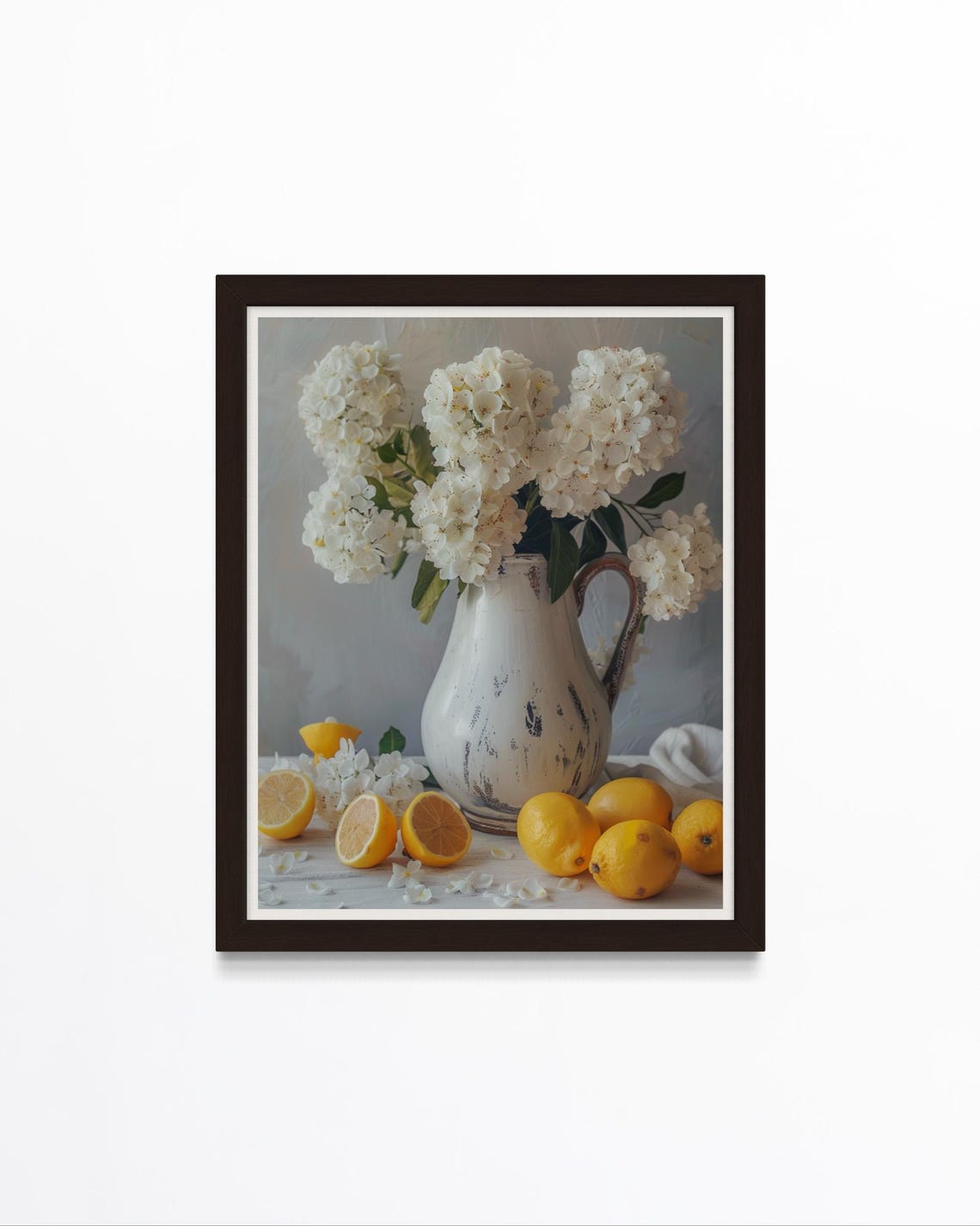 White Hydrangea Jug Sliced Lemons Rustic Kitchen Floral Poster