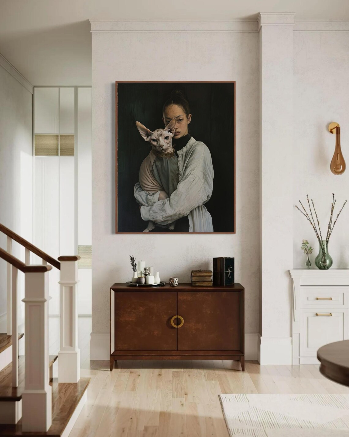 Moody Girl Holding Sphynx Cat Dark Oil Style Fine Art Poster - Image 4